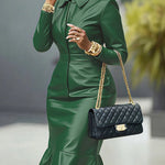 Bodycon Long Sleeves Buttoned Elasticity Ruffle Trim Solid Color Split-Joint Lapel Midi Dresses