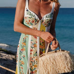 Sweet Garden Linen Blend Color Block Floral Paneled Maxi Dress