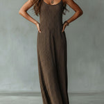 Quiet Luxury Mocha Textured Knit Strappy Relaxed Maxi Dress