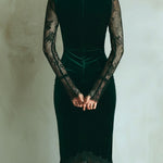 Elegant Green Velvet Long Sleeve Lace Midi Dress