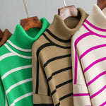 Striped Sweater Casual Turtleneck Knit Pullover Jumper Tops