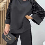 Stylish Sequined Loose-fitting Crew Neck Top and Casual Pocket Wide-leg Pants Set