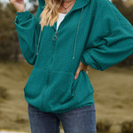 V-Neck Zipper Closure Solid Color Long Loose Hoodie Jacket