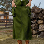 Nadorine Women's Casual High Waist Denim Midi Skirt Drawstring Adjustable Long Jeans Skirt with Pockets
