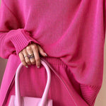 Solid Color Knitted Two Pieces Turtleneck Sweater Set Loose Top + Slit Trouser Pants