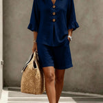 Button-down V-neck Ruffled Top And Shorts Set