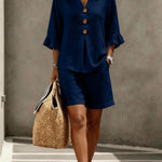 Freya Thornton | Linen Two-Piece Shorts Set with Ruffle Sleeve Detail For Women