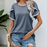 Pom-Pom Trim Flutter Sleeve Round Neck Tee Casual Blouses Tops