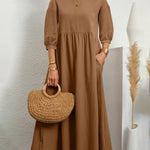 Lantern Sleeve Long Dress Solid Color Loose Crew Neck Mid Waist Dresses with Pockets