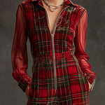 Retro Long-sleeved Mesh Red And Green Plaid Velvet Wide-leg Jumpsuit
