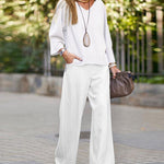 Two-Piece V-Neck Long-Sleeved Shirt and Solid Color Wide-Leg Pants Set
