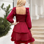 Solid Color Long Sleeve Dress Square Neck Lotus Leaf Mini Dress