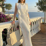 Loose Sleeveless Pleated Ruffled Solid Color Split-Joint Round-Neck Jumpsuits