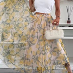 Summer Lemon Print Elastic Waist Tulle Holiday Midi Skirt