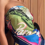 Seaside Holiday Satin Unique Print Knotted Scarf Top and Elastic Waist Loose Maxi Skirt Set