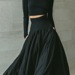 Women's Fashionable And Elegant Black Fitted Turtleneck Long-sleeved Cropped Top Paired With A Black Long Skirt