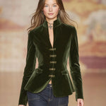 Elegant Retro Gold-buttoned Dark Green Velvet Blazer