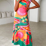 Asymmetric Shoulder Unique Print Swing Maxi Dress