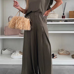 Santie Round Neck Cape Sleeve Loose Top and Elastic Waist Pocket Wide Leg Pants Set
