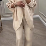 Solid Color Loose-fitting Turtleneck Knit Top and Elastic Waist Casual Pocket Straight Leg Pants