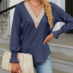 Solid Color Lace Patchwork V-Neck Loose-Fitting Long-Sleeved T-Shirt Top