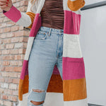 Knitted Color Block Open Front Long Cardigan