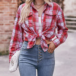 Nadorine Loose Fit Plaid Shirt Casual Long Sleeve Lapel Collar Button Tunic Tops