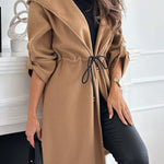 Effortless and Warm Textured Fabric Drawstring Waist Pocket Hooded Midi Coat