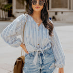 Nadorine Long Sleeve V-Neck Stripes Casual Blouses Button Down Shirt Tops