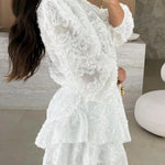 Unique Lace Texture Fabric Balloon Sleeve Blouse and Elastic Waist Layered Skirt Set