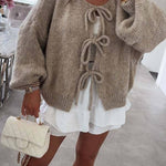 Stylish Solid Color Crew Neck Lace-up Sweater