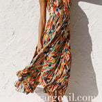 V Neck Tie Waist Abstract Print Midi Cami Dress