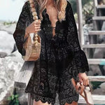 V Neck Lace Dress Hollow Crochet Pool Swim Beach Bikini Cover-ups Mini Dress
