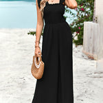 Sleeveless Lace-up Smocked Jumpsuits Solid Loose fit Wide Leg High Wasit Romper