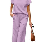 Women's Casual Textured Tops and Wide Leg Pants Lounge Sets