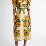 Flower Vine Linen Blend Unique Print Twist Cutout Neck Puff Sleeve Midi Dress