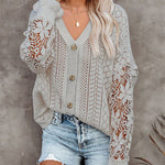 Nadorine Long Sleeve Lace Cable Knit Sweater Open Front Cardigan Button Loose Shirts
