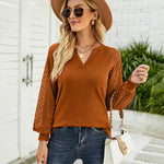 Nadorine V Neck Tops Solid Color Blouse Long Sleeve Pullover Lace Patchwork Shirt