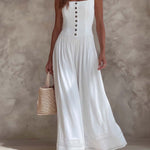 Vintage Square-neck Pleated Waist Cotton Linen Jumpsuit