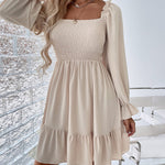 Square Neck Long Sleeve Shirred Ruffle Hem Dresses High Waist A Line Knee Length Elegant Mini Dress