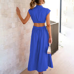 Stand Collar Solid Color Hollow Waist Long Dress