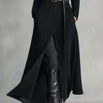 Women's Black Elegant Wool - Blend Turtleneck Belted Maxi Coat