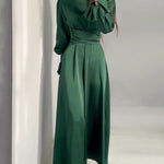 Long Sleeve Belted Puff Sleeve Green Elegant Dress