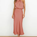 Long Formal Satin Dress Mock Neck High Neck Evening Dress