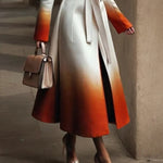 A-Line Long Sleeves Buttoned Gradient Split-Joint Tied Waist Notched Collar Woolen Coat