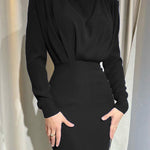 High Waisted Long Sleeves Pleated Solid Color Mock Neck Maxi Dresses Midi Dresses