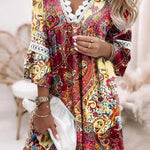 V-neck printed lace stitching bohemian casual holiday dress