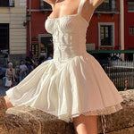 Lace Stitching Waist Pleated Slimming Sling Dress