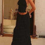 Versatility and Vintage Charm Pleated Drawstring Waist Tiered Maxi Skirt
