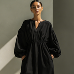 Women's Casual Black Cotton And Linen V-neck Loose Long-sleeved Maxi Dress